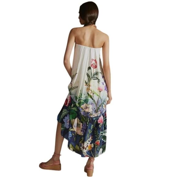 Anthropologie Midi  Dress Women's Med White Blue Floral Strapless Tunic High Low - Picture 2 of 12